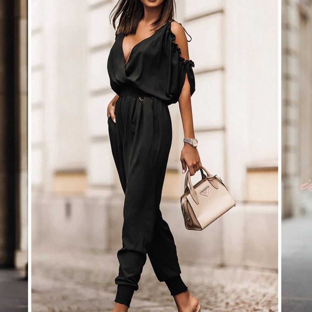 New  Ruffle Cold Shoulder Jumpsuit Black
